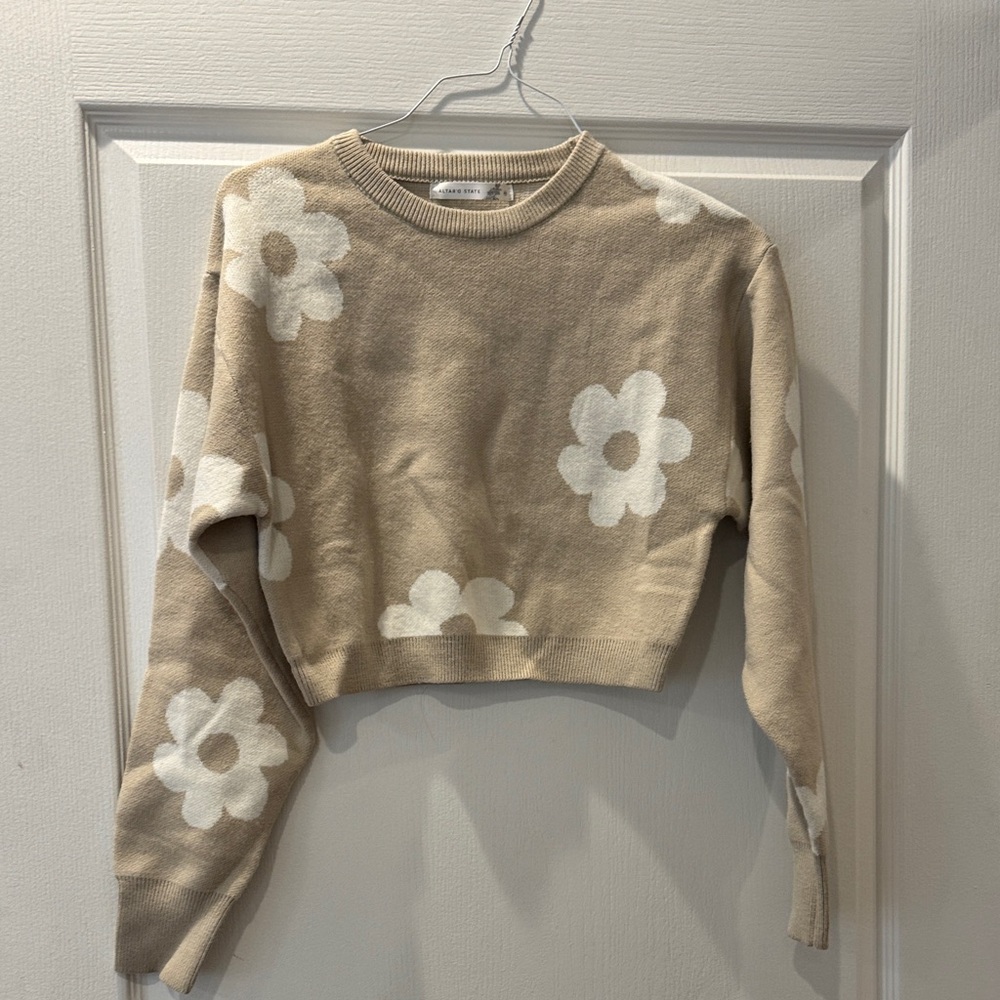 Altar'd State Tan and White Floral Sweater XS